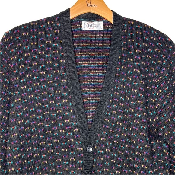 Vintage Jantzen Retro Ditsy Black Print V Neck Cardigan Sweater Size L USA Made - Picture 4 of 12